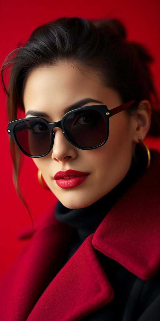 Create a high-contrast portrait of a strong, confident woman wearing sunglasses and a black coat, with a vibrant red background, shot with a Canon EOS R5, 50mm lens, f/1.8 aperture, ISO 100, and a shallow depth of field for enhanced focus on the subject.
