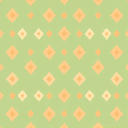 Create a high-resolution pattern design featuring a repeated geometric diamond motif with a soft green background, cream and muted orange diamonds, photographed with a Canon EOS R5, 50mm lens, f/1.8 aperture, ISO 100, in natural light for a vibrant yet subtle color palette.