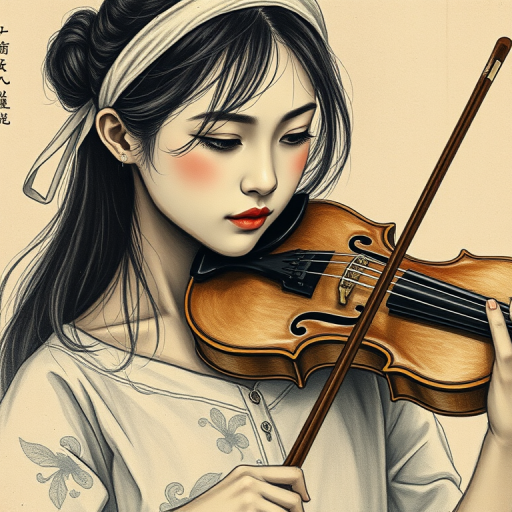 a young Asian woman with a white headband playing a violin, in the style of a charcoal drawing, sepia grunge background