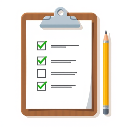 Create a high-resolution illustration of a clipboard with a checklist featuring two green checkmarks and an empty checkbox, alongside a yellow pencil, using a 50mm lens, f/2.8 aperture, 1/100s shutter speed, and natural light to enhance details and colors.