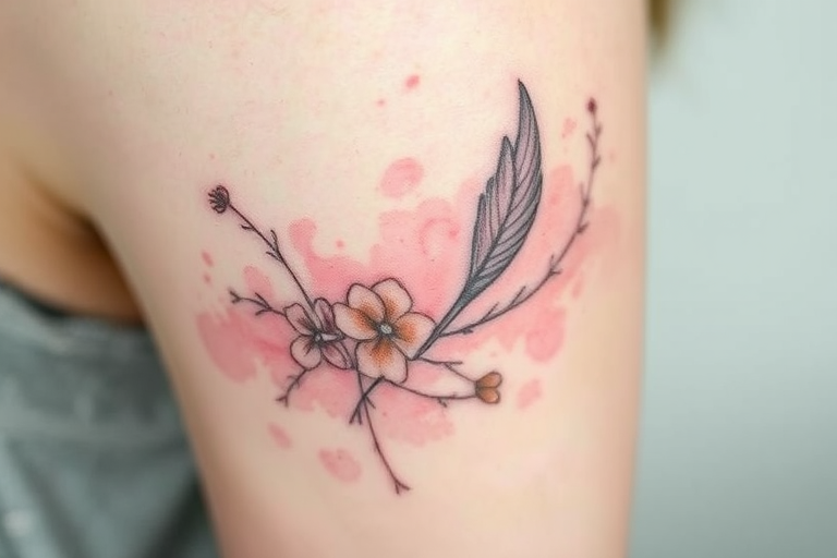 Delicate "Watercolor Whisper" tattoo style characterized by soft, dreamy washes of pastel hues blending seamlessly into one another, creating an ethereal and romantic aesthetic reminiscent of impressionist paintings, with subtle outlines and strategically placed splatters adding depth and texture to the design, evoking a sense of lightness and transience that beautifully complements nature-inspired motifs such as flowers, birds, or landscapes