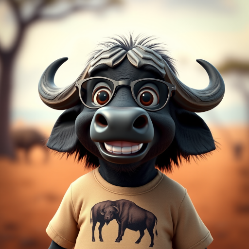 Hyperrealistic 3D render of a smiling cartoon Cape Buffalo wearing glasses and a beige t-shirt with a smaller buffalo image printed on it, missing some teeth, set against a blurred African savanna background, detailed fur, 8k resolution, octane render, artstation trending.