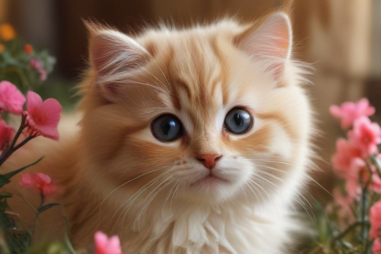 A Cute Fluffy Kitten Surrounded by Beautiful Pink Flowers in Nature