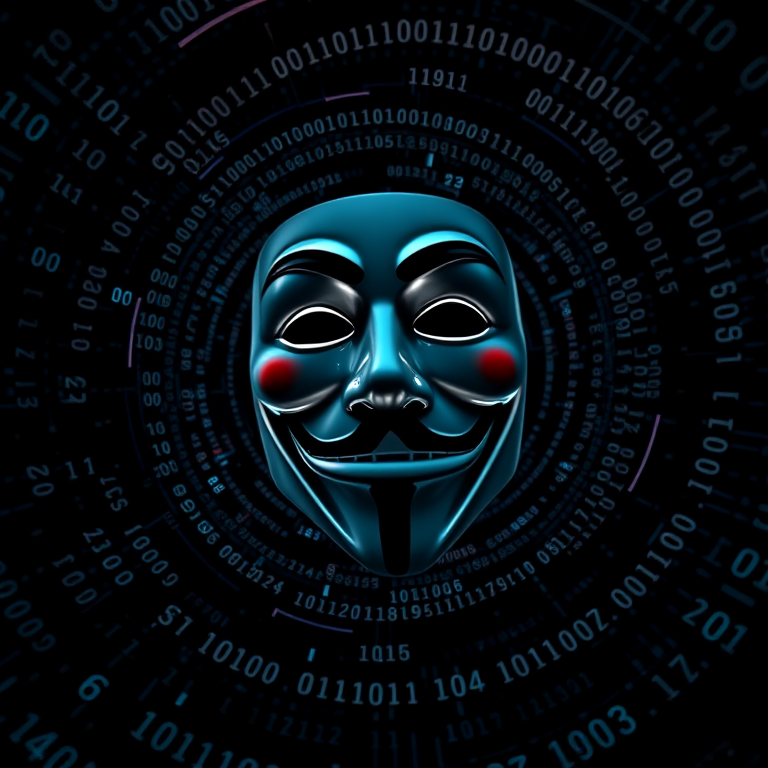 Create a high-resolution image of a Guy Fawkes mask surrounded by swirling digital binary code in a dark background, shot with a Canon EOS R5 at 50mm f/1.8, ISO 100, 1/100s, using a low-angle view and a sharp focus style to enhance details.