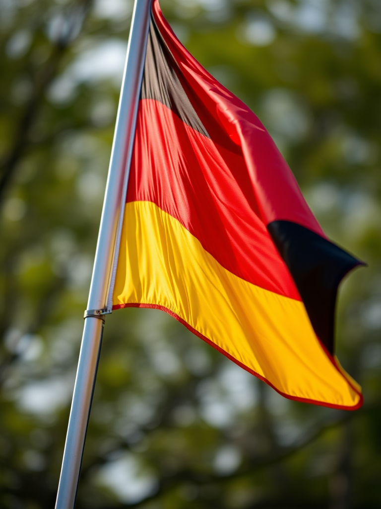 Create a high-resolution image of the German flag waving in the wind, using a DSLR camera with a 50mm lens, aperture set to f/2.8, ISO 100, at a wide-angle view to capture the vibrant colors and texture of the fabric.