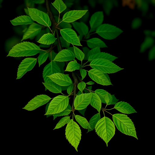 Generate a high-resolution image of a tree branch with lush green leaves against a black background, using a DSLR camera with an aperture of f/4, shutter speed of 1/200s, ISO 100, focal length of 50mm, and a low-angle view to enhance detail and depth.