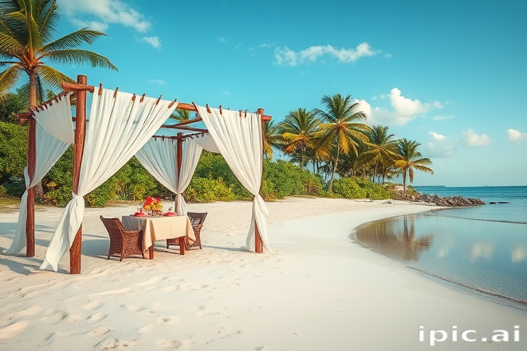 Create a picturesque tropical beach scene featuring a serene, white sandy shore. In the foreground, there's a rustic wooden canopy with white drapes gently flowing in the breeze. Underneath the canopy, a table is set with tropical decor, evoking a sense of relaxation and leisure. The beach extends into a calm, shallow water area with reflections of the sky and surroundings. Palm trees and lush greenery line the edge of the beach, providing a natural, tropical backdrop. The sky is clear with a few scattered clouds, and the overall atmosphere is tranquil and inviting, perfect for a peaceful retreat.