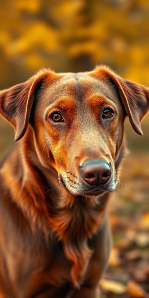photograph a brown dog with soft fur and expressive eyes in a warm autumn background, use a DSLR camera with a 50mm lens, aperture f/1.8, ISO 200, shutter speed 1/200s, focus on the dog's face with a blurred background for depth, natural light conditions