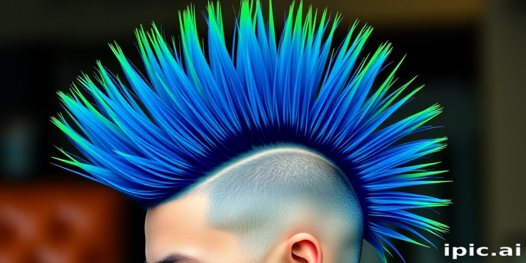 Electric blue mohawk fades into neon green tips, styled in a gravity-defying vertical formation resembling a vibrant tropical bird's plumage, radiating energy and rebellion.
