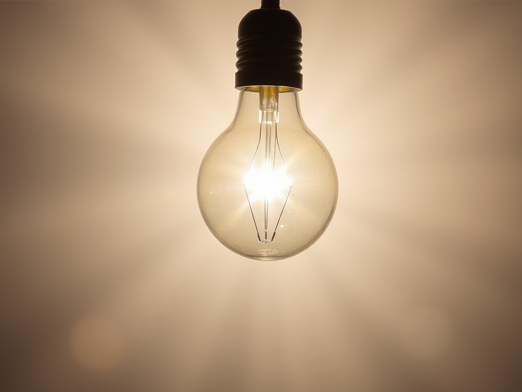 Create a high-resolution image of a light bulb with bright rays emanating from it, using a DSLR camera with a 50mm lens, aperture set to f/1.8, shutter speed of 1/100s, and ISO 200, captured from a slightly angled view to emphasize the bulb's shape and illumination.