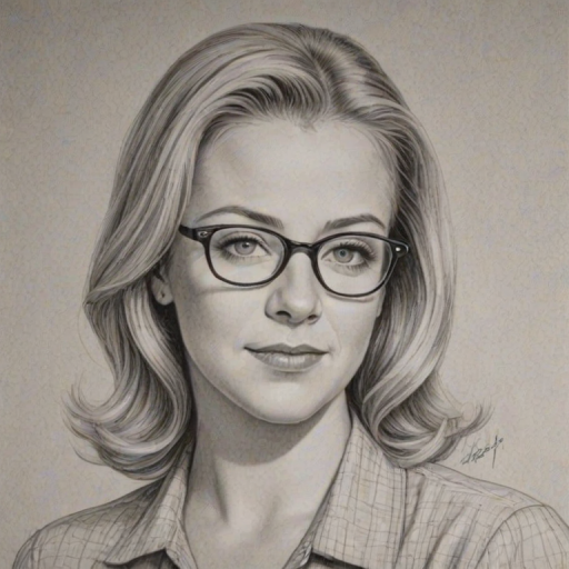 Comely Melissa Joan Hart, pencil sketch, portrait of Splendid woman 1945s in glasses, hair style beatnik, outline, clear lines, fine lines, 8k