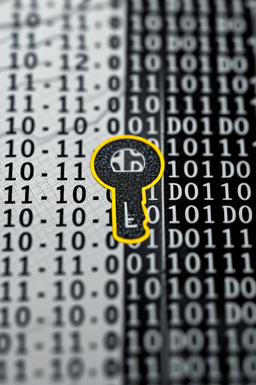 generate an image of a digital key on a piece of paper featuring binary code in black and gray shades, with a bright yellow key icon at the top, use a high-resolution style, with a 50mm lens, f/2.8 aperture, ISO 100, soft lighting for clarity and focus.