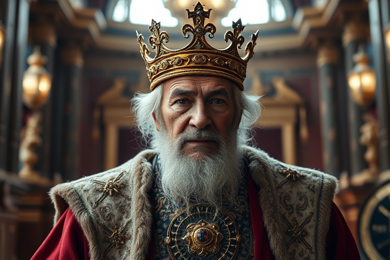 Regenerate an image of an elderly king in a grand setting wearing a regal robe and crown, captured with a Canon EOS R5, 85mm lens, f/1.8 aperture, ISO 100, in a dramatic lighting style, emphasizing textures and colors.