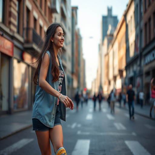 Regenerate the image of a young woman on roller skates in a city street during the day, captured with a Canon EOS R5, 50mm lens, aperture f/1.8, ISO 100, shallow depth of field, natural lighting, focus on the subject with a blurred background.