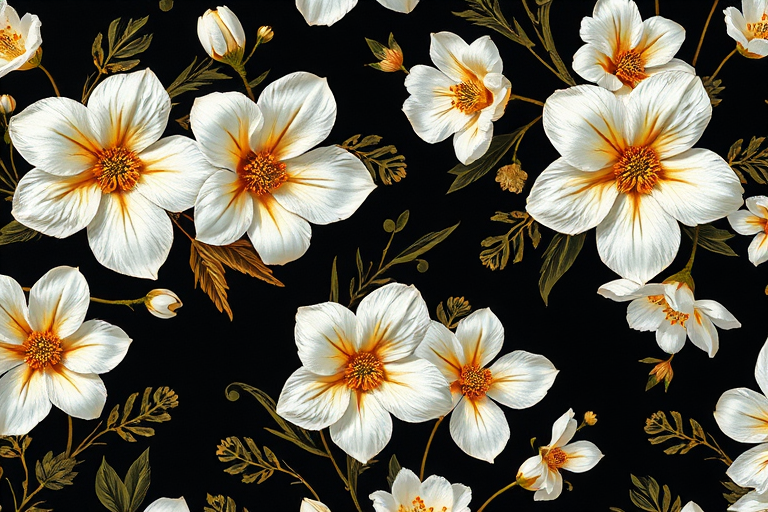 floral pattern with white flowers and golden details on a black background, captured using a DSLR camera, 50mm lens, f/1.8 aperture, ISO 100, natural lighting, top-down view