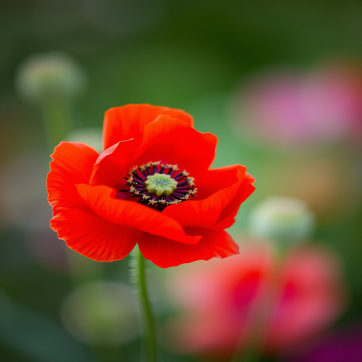 close-up of a red poppy flower, vibrant colors, soft focus, DSLR camera, 50mm lens, aperture f/2.8, ISO 100, natural light, shallow depth of field, high resolution