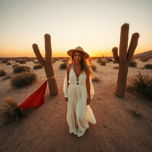 Desert setting, bohemian model, flowy dresses, earthy tones, rustic sunset effect,  equipped with a 12mm lens to capture an overhead view of the model, emphasizing symmetry and spatial positioning