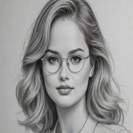 Graceful Debby Ryan, pencil sketch, portrait of Graceful woman 1942s in glasses, hair style beatnik, outline, clear lines, fine lines, 8k