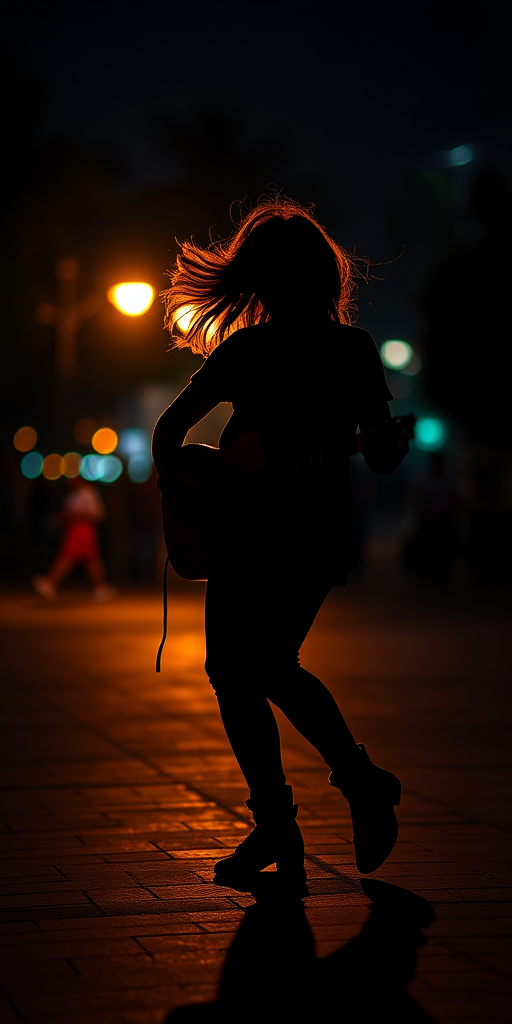 Create a dynamic silhouette of a person dancing with a guitar, captured at night with a shallow depth of field, using a DSLR camera set to f/1.8, ISO 800, with a 35mm lens at a low angle for dramatic effect and vibrant color contrast.