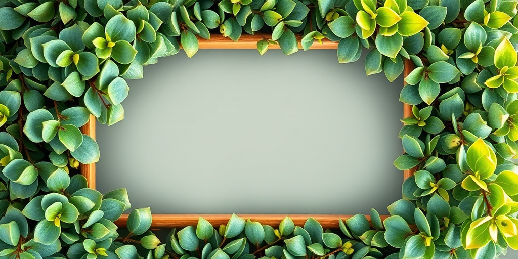 Create an image of a blank rectangular frame adorned with a lush arrangement of eucalyptus and other green foliage, captured with a Canon EOS 5D Mark IV at f/4, ISO 100, 50mm lens, in soft natural lighting from above, ensuring high resolution and vibrant colors.