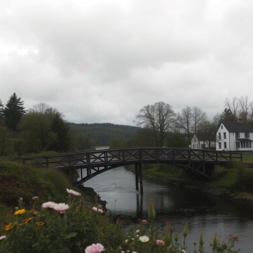 a moody landscape featuring a vintage wooden bridge over a river, surrounded by trees and quaint white houses, with flowers in the foreground and a cloudy sky above