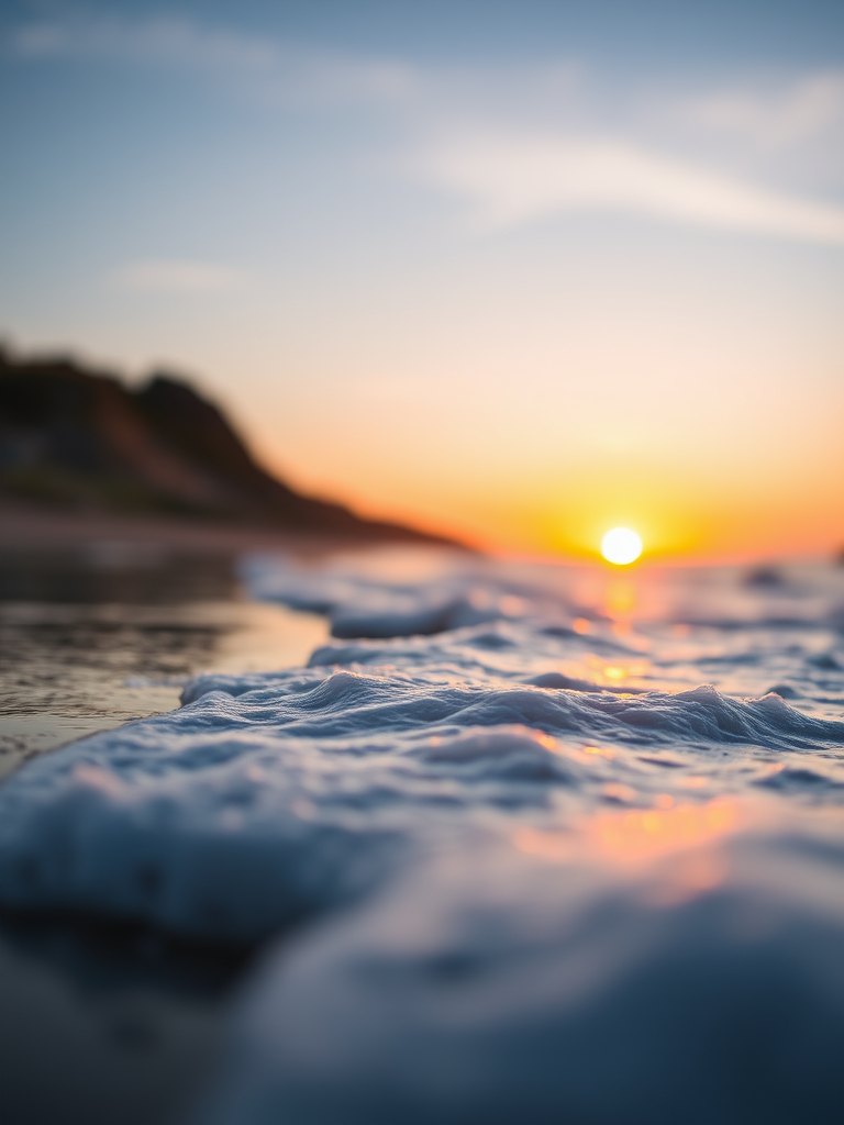 beach sunset with waves, shallow depth of field, golden hour lighting, ISO 100, f/4, 1/200 sec, 50mm lens, DSLR camera, shot at eye level