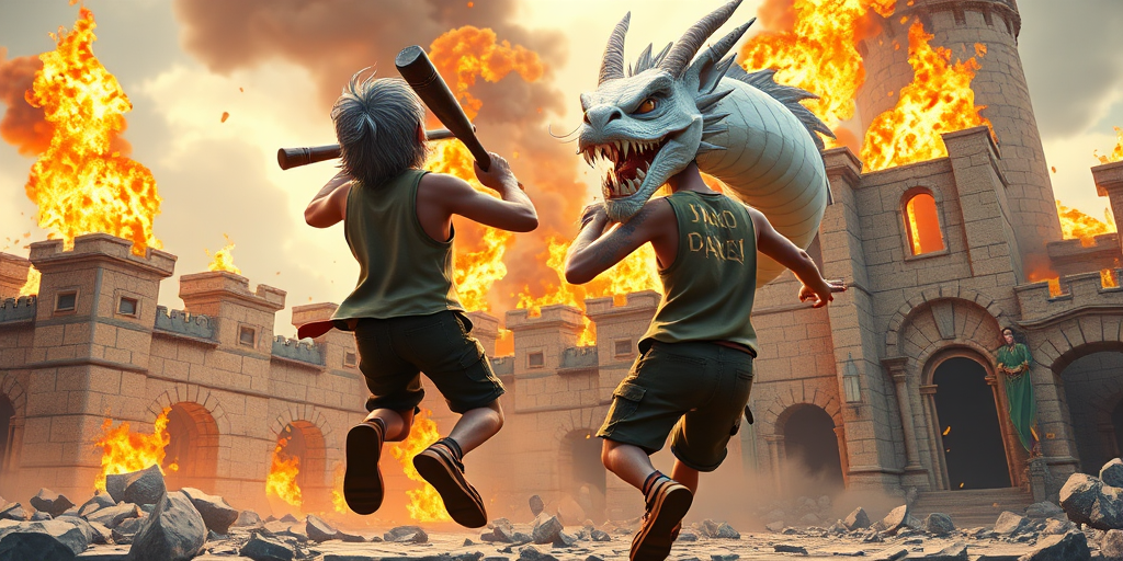 Cartoon 3D High-Resolution,dynamic battle scene using Unreal Engine 5 and Octane Render. The scene features back of an elderly, thai man with a beard,messy hair and round golden-rimmed glasses. He is wearing a tattered tank top with soot marks, shorts, and sandals. sweating. he wields a baseball bat. He jump to fight with a white fire-breathing Europe dragon amidst a partially destroyed stone castle. Include intense flames, smoke, and debris to enhance the dramatic effect.