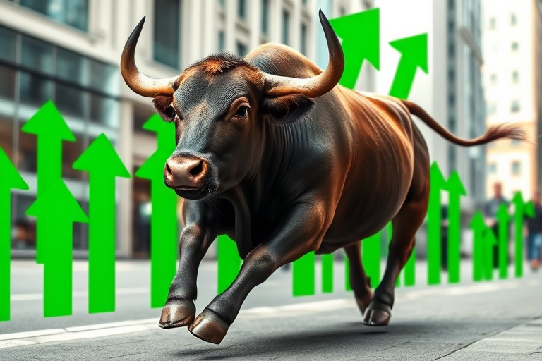 Capture a dynamic image of a bull running through an urban environment with green upward arrows symbolizing growth, using a Canon EOS 5D Mark IV with a 24-70mm f/2.8 lens, setting ISO 400, aperture f/4.0, shutter speed 1/1000s, focus on the bull in sharp detail with a blurred background for a sense of motion.