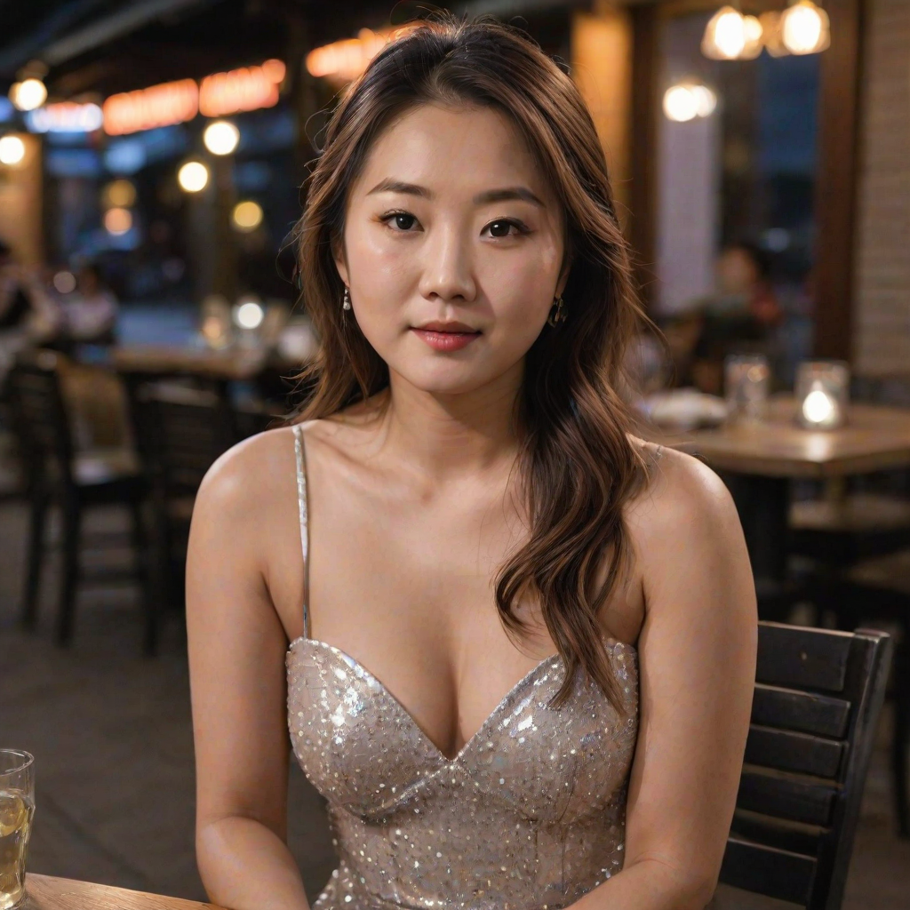 photo of woman:Bobby Lee:0.4, highlight hair, sitting outside restaurant, wearing dress, rim lighting, studio lighting, looking at the camera, dslr, ultra quality, sharp focus, tack sharp, dof, film grain, Fujifilm XT3, crystal clear, 8K UHD, highly detailed glossy eyes, high detailed skin, skin pores