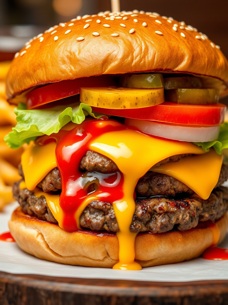 High-resolution, close-up image of a gourmet double cheeseburger. The burger features a glossy, sesame-seed-topped brioche bun. Inside, there are two thick, juicy beef patties, each topped with melted cheddar cheese. The burger is garnished with fresh lettuce, tomato slices, diced onions, and pickles. A generous amount of ketchup and a creamy, orange-colored sauce is dripping down the sides, adding to the mouth-watering appeal. In the background, there are blurred elements including a side of golden French fries and a hint of a beverage, enhancing the overall presentation of a delicious meal.