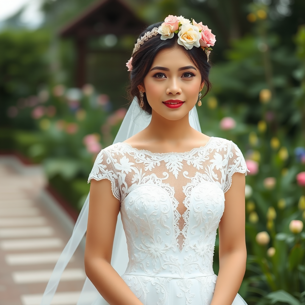 garden scene, Filipina bridal model, delicate lace gown, floral headpiece, soft romantic focus, high-key lighting and an 85mm lens for soft, even tones that highlight the model’s face and bright outfit against a white or light background