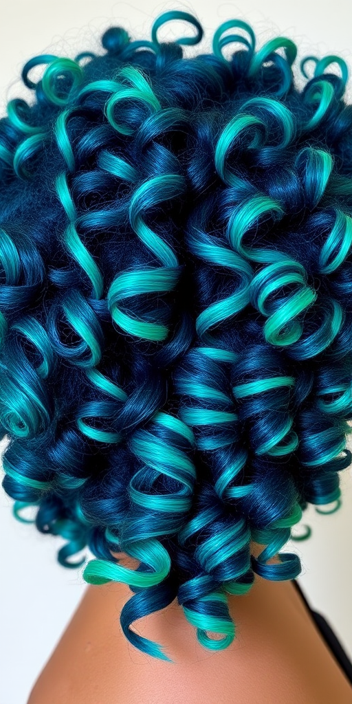 Vibrant teal and turquoise ombre hair in a voluminous curly afro style known as "Ocean's Crown" features springy coils that seem to defy gravity, with subtle hints of sea foam green and deep navy blue highlights interspersed throughout the lush, bouncy curls, creating a dynamic and eye-catching look reminiscent of crashing waves and tropical waters