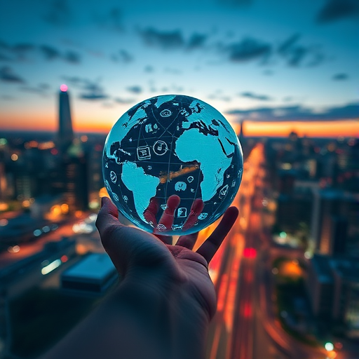 Generate a futuristic cityscape at dusk with a hand holding a transparent globe filled with digital icons, using a Canon EOS R5 with an 85mm f/1.2 lens, ISO 200, aperture f/8, and a long exposure to enhance light trails, taken from a high vantage point for a dramatic perspective.