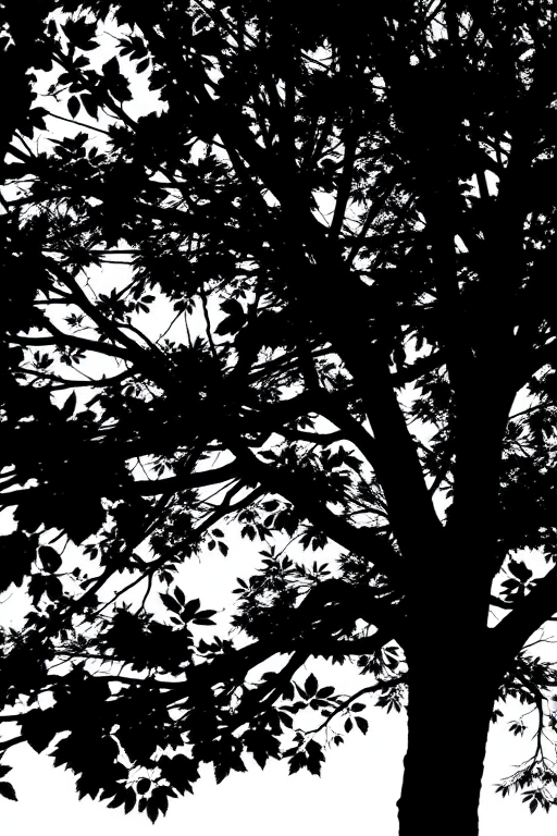Generate an image of a minimalist black silhouette of a tree with detailed branches and leaves, captured with a DSLR camera at a focal length of 50mm, aperture set to f/2.8, ISO 100, natural lighting, and a shallow depth of field for a soft background.