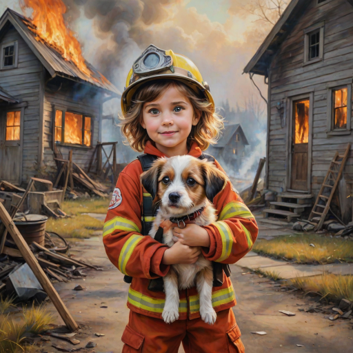 airbrushed oil painting, pixar style, cute little girl in fireman gear, helmet, tousled hair, expressive eyes, standing in the doorstep of a cottage burning behind him, holding a cute little dog in her arm, atumn sky