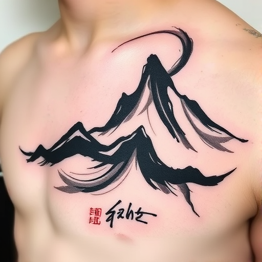 Bold brush stroke tattoo named "Sumi-e Symphony" inspired by traditional Japanese ink wash paintings, featuring dynamic, flowing lines that mimic the spontaneous and expressive strokes of a calligraphy brush. The design incorporates varying thicknesses of black ink, from bold, sweeping curves to delicate, hair-thin lines, creating a sense of movement and energy within the composition. This style is characterized by its emphasis on simplicity, negative space, and the balance between light and dark elements. The "Sumi-e Symphony" tattoo style captures the essence of its subject matter with minimal yet powerful strokes, often depicting natural elements such as mountains, trees, or animals in a highly stylized and abstract manner. This tattoo style appeals to those who appreciate the beauty of simplicity and the artistic traditions of East Asian brush painting.