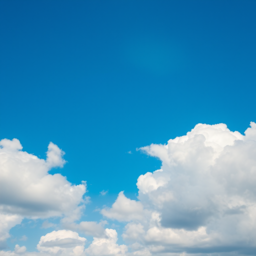 Capture a vivid blue sky with fluffy white clouds using a DSLR camera, 24mm lens, f/8 aperture, ISO 100, and a shutter speed of 1/200s from a wide angle bird's eye view to highlight details in the clouds and enhance the overall image quality.