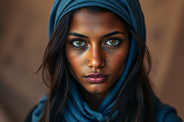 Create a portrait of a young Tuareg woman with long, dark hair and captivating hazel eyes. She is wearing a blue headscarf and a matching scarf draped gracefully around her neck. The background is softly blurred, focusing attention on her serene and natural expression. The overall color palette is muted and warm, enhancing the intimate and authentic feel of the portrait.