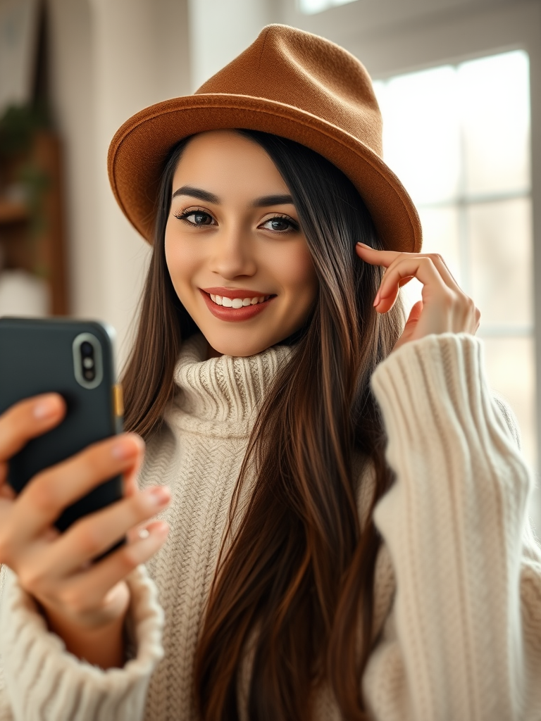 a young woman with long dark hair wearing a brown hat and a cozy cream sweater taking a photo with her phone indoors, captured with a Canon EOS R6, 50mm lens, aperture f/1.8, ISO 400, soft natural lighting, shallow depth of field, portrait orientation