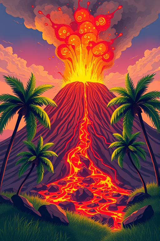 Create a vibrant illustration of an erupting volcano with molten lava splashing, surrounded by lush green palm trees and grass, using a Canon EOS R5 camera, 50mm lens, f/8 aperture, ISO 100, and a vibrant color palette.