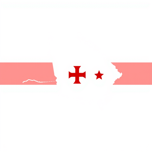 Create a high-resolution image of the map of Georgia, featuring a white silhouette with a prominent red cross and three red stars, using a DSLR camera with a 50mm lens, aperture f/1.8, ISO 100, and a slight soft focus style for artistic effect.