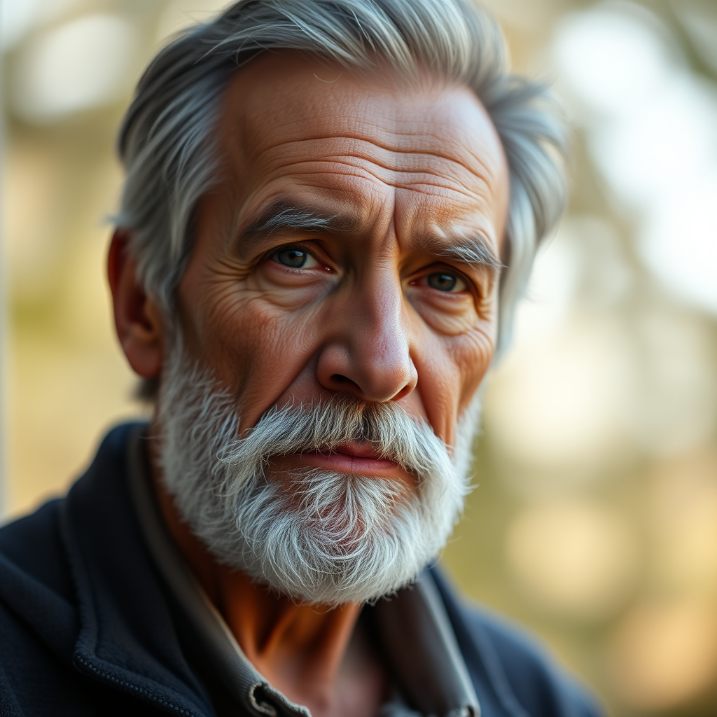 portrait of an elderly man with gray hair and a beard, soft bokeh background, natural lighting, Nikon D850, 85mm f/1.4 lens, aperture f/2.8, ISO 200, focus on eyes, shallow depth of field