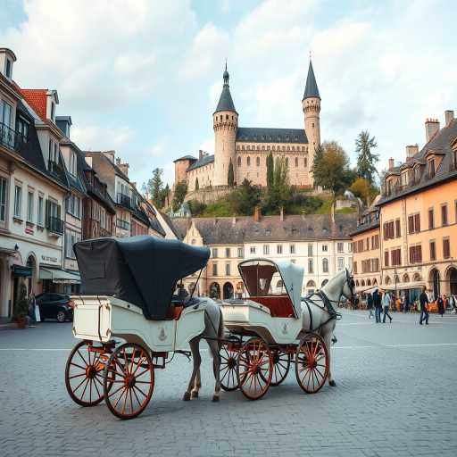 Create a serene landscape of a horse-drawn carriage in a picturesque European town square, with a castle on a hill in the background, using a Canon EOS R5, 50mm f/1.8 lens, ISO 100, aperture set to f/8, natural lighting, soft focus to emphasize the dreamy atmosphere and pastel colors.