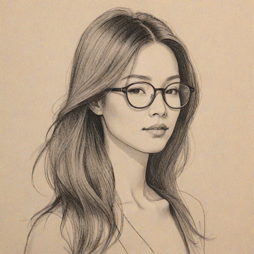 Delightful Vera Wang, pencil sketch, portrait of Lovely woman 1968s in glasses, hair style beatnik, outline, clear lines, fine lines, 8k