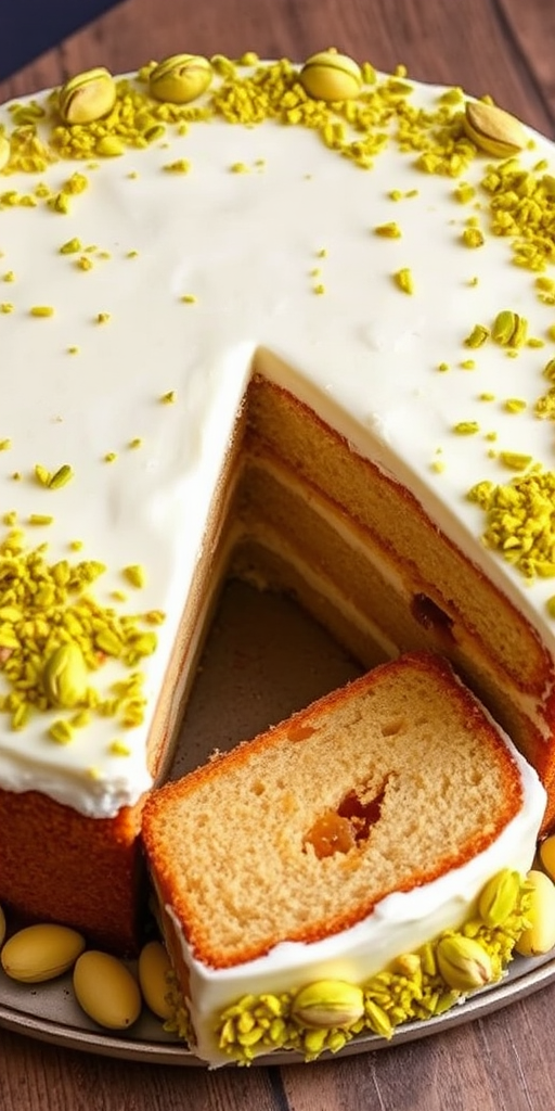 A delicious round cake with multiple layers visible inside topped with a smooth white frosting and sprinkled with crushed pistachios, some whole pistachios around the edge, and a slice removed revealing the layered interior.