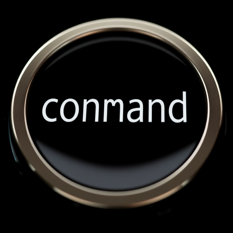 create an image of a sleek command line interface icon with a shiny metallic border and a glossy black background, camera settings: f/2.8 aperture, ISO 100, shutter speed 1/60s, camera view: close-up, camera style: high contrast, camera type: digital DSLR