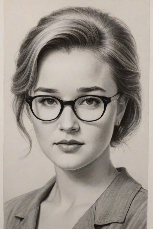 Splendid Haley Joel Osment, pencil sketch, portrait of Enchanting woman 1954s in glasses, hair style beatnik, outline, clear lines, fine lines, 8k