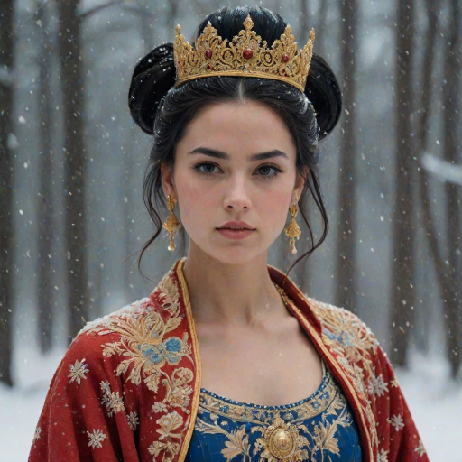 A young woman with long black hair styled in a high bun, adorned with a gold crown and intricate hair ornaments, stares intently at the viewer. She wears a vibrant red and gold embroidered robe with blue accents, a gold belt with a large ornate buckle, and a blue and gold shoulder piece. The woman is positioned in the center of the frame, with the background blurred and filled with falling snow. The image has a soft, ethereal feel with a focus on the woman's face and attire, creating a portrait-like composition. The colors are rich and saturated, with the red, gold, and blue of the clothing standing out against the muted blue and white of the snowy backdrop. The lighting is soft and diffused, casting a warm glow on the woman's face.  The overall mood is elegant and mysterious.  The details of the woman's attire, especially the intricate embroidery and embellishments, add a sense of opulence and grandeur.  The falling snow further enhances the sense of winter magic and wonder.