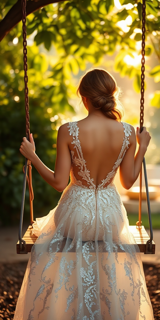 capture a back view of a woman in a sparkling gown sitting on a swing surrounded by lush greenery and soft sunlight, using a Canon EOS R5 with a 50mm f/1.2 lens at ISO 100, aperture f/1.2, shutter speed 1/200s, in a dreamy, shallow depth of field style