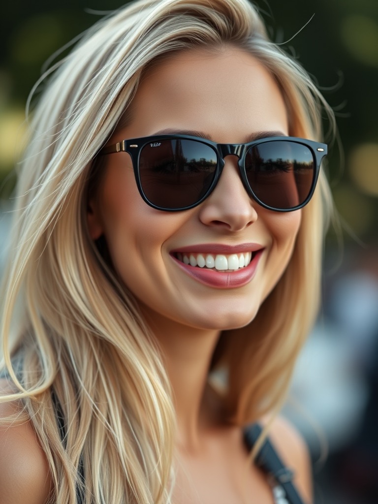 portrait of a smiling woman with long blonde hair and sunglasses, taken with a Canon EOS 5D Mark IV, 85mm lens, aperture f/1.8, natural light, shallow depth of field, soft bokeh background, medium close-up shot